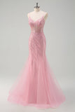Glitrende Pink Havfrue Spaghetti Stropper Pailletter Lang Korset Gallakjole