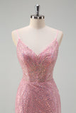 Glitrende Pink Havfrue Spaghetti Stropper Pailletter Lang Korset Gallakjole