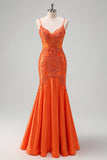 Orange havfrue korset Spaghetti stropper Beaded lang gallakjole