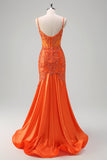 Orange Havfrue Spaghetti Stropper Beaded Lang Gallakjole