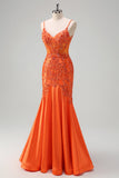 Orange Havfrue Spaghetti Stropper Beaded Lang Gallakjole