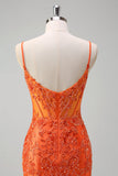 Orange Havfrue Spaghetti Stropper Beaded Lang Gallakjole