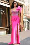 Havfrue Fuchsia One Shoulder aftagelige flæser Lang balkjole med slids