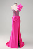 Havfrue Fuchsia One Shoulder aftagelige flæser Lang balkjole med slids