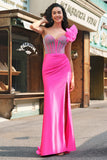 Havfrue Fuchsia One Shoulder aftagelige flæser Lang balkjole med slids