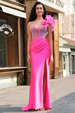 Havfrue Fuchsia One Shoulder aftagelige flæser Lang balkjole med slids