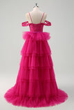 Hot Pink Cold Shoulder A-Line Tyl Tiered Lang Gallakjole med Appliques