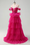 Hot Pink Cold Shoulder A-Line Tyl Tiered Lang Gallakjole med Appliques