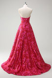 Fuchsia Floral Jacquard Sweetheart Prinsesse Lang Korset Gallakjole med Slids