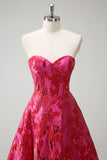 Fuchsia Floral Jacquard Sweetheart Prinsesse Lang Korset Gallakjole med Slids