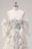 Hvid Floral A Line Off The Shoulder Print Floral Long Prom Kjole med Flæseslids