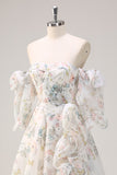 Hvid Floral A Line Off The Shoulder Print Floral Long Prom Kjole med Flæseslids