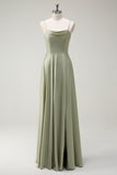 Dusty Sage A Line Satin Spaghetti stropper Lang brudepige kjole