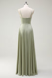 Dusty Sage A Line Satin Spaghetti stropper Lang brudepige kjole