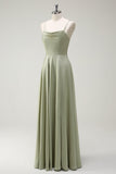 Dusty Sage A Line Satin Spaghetti stropper Lang brudepige kjole