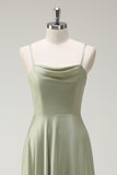 Dusty Sage A Line Satin Spaghetti stropper Lang brudepige kjole