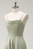 Dusty Sage A Line Satin Spaghetti stropper Lang brudepige kjole