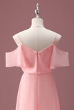 Pink Cold Shoulder A Line Junior Brudepigekjole