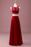 Bordeaux blonder rund hals A Line lang Junior brudepigekjole med crop top