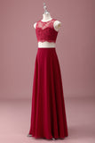 Bordeaux blonder rund hals A Line lang Junior brudepigekjole med crop top