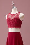 Bordeaux blonder rund hals A Line lang Junior brudepigekjole med crop top