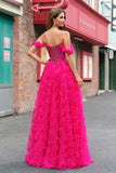 Fuchsia Lagdelt A-linje Off the Shoulder Lang Korset Gallakjole med Perlebesat