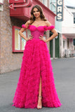 Fuchsia Lagdelt A-linje Off the Shoulder Lang Korset Gallakjole med Perlebesat