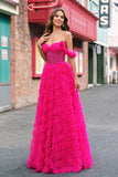 Fuchsia Lagdelt A-linje Off the Shoulder Lang Korset Gallakjole med Perlebesat