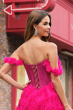 Fuchsia Lagdelt A-linje Off the Shoulder Lang Korset Gallakjole med Perlebesat