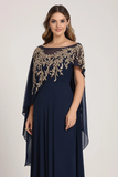 Glitrende Navy Chiffon Mor til Brud Kjole med Kappe