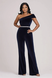 Glitrende Navy One Shoulder Bodycon fløjl perler bal jumpsuit