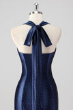 Navy Halter Beaded Havfrue Flæser Lang Formel Kjole