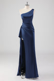 Elegant Navy Satin One Shoulder formel kjole med slids