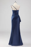 Elegant Navy Satin One Shoulder formel kjole med slids