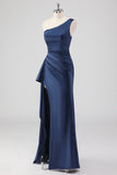 Elegant Navy Satin One Shoulder formel kjole med slids