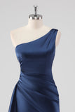 Elegant Navy Satin One Shoulder formel kjole med slids