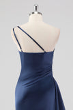 Elegant Navy Satin One Shoulder formel kjole med slids