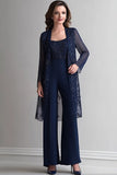 Navy Todelt Jumpsuit Pailletter Blonder Chiffon Kjole til brudens mor