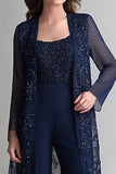 Navy Todelt Jumpsuit Pailletter Blonder Chiffon Kjole til brudens mor