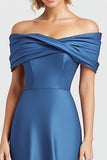 Blå havfrue Ruched Off the Shoulder Satin Lang formel kjole