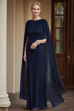 Flydende Navy Havfrue Chiffon Lang Mor Kjole med Kappe