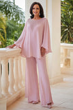 Pink 2-delt Chiffon Scoop Beaded Mother of the Bride Bukser Suits med lange ærmer