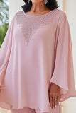 Pink 2-delt Chiffon Scoop Beaded Mother of the Bride Bukser Suits med lange ærmer