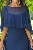 Navy Chiffon Skede Lang Mor Bruden Kjole med Kappe