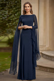 Navy Chiffon A Line Mother of Bride kjole med flagrende ærmer