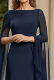 Navy Chiffon A Line Mother of Bride kjole med flagrende ærmer