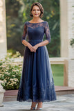 Elegant Navy Lace A Line Mother of The Bride kjole med 3/4 ærmer