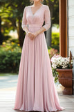 Pink Elegant Blonde Chiffon Mor Til Bruden Kjole med 3/4 ærmer