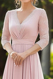 Pink Elegant Blonde Chiffon Mor Til Bruden Kjole med 3/4 ærmer