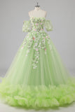 Prinsesse Citrongrøn Tyl Balkjole Lang Quinceanera Kjole med Applikeret